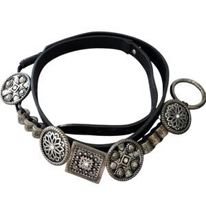 Antoniazzi Firenze Black Leather Silver-Tone Concho Medallian Belt Italy Medium